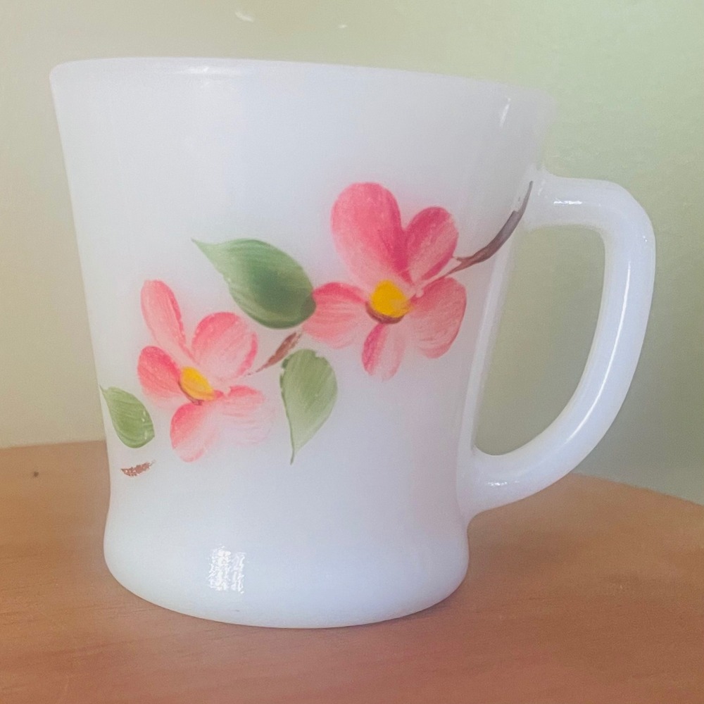 Vintage 1960s Fire-King Primrose Milk Glass Mug Anchor Hocking Pink Floral USA